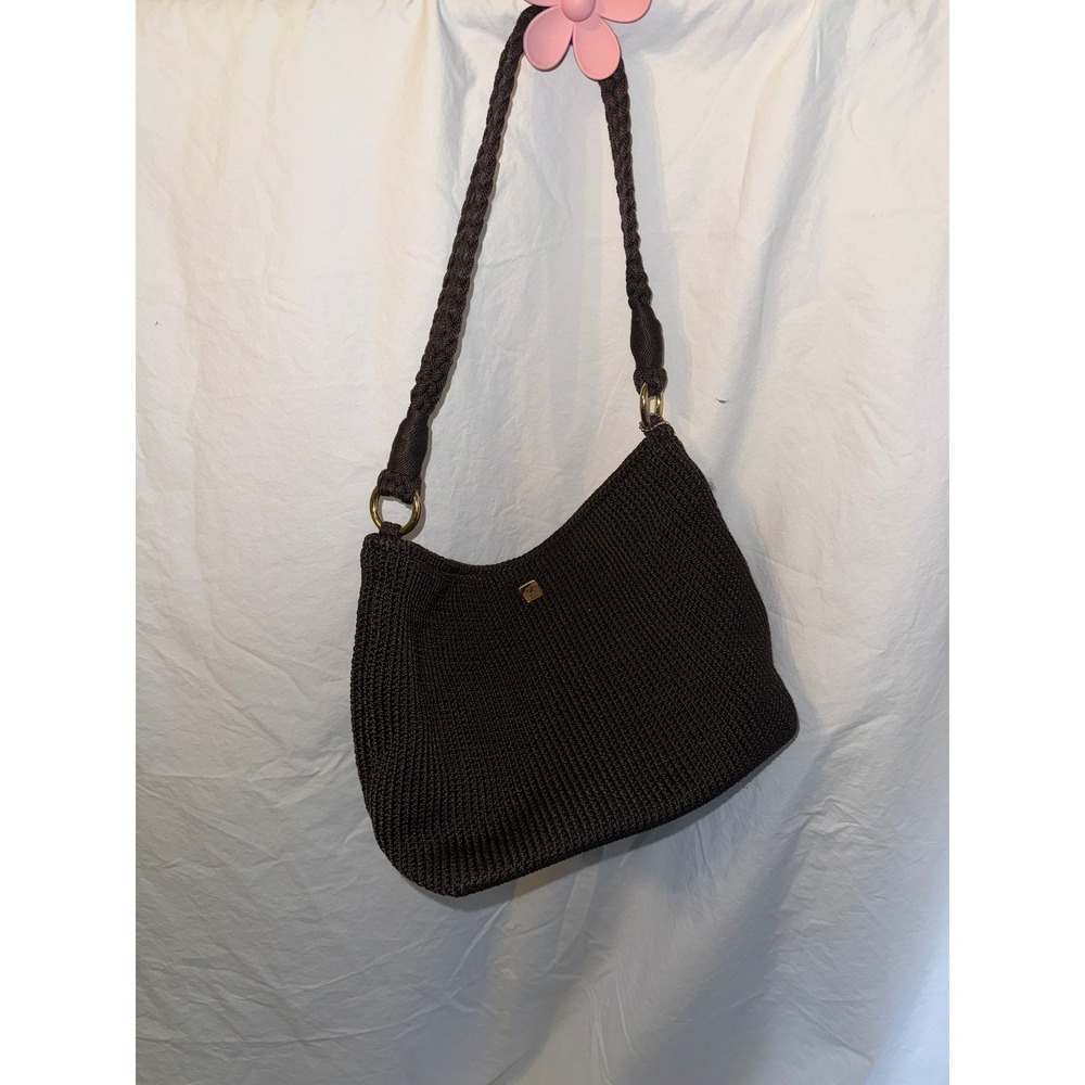 Lina Crochet Shoulder Bag Dark Brown Braided Strap Pink Floral Lining Hobo Purse